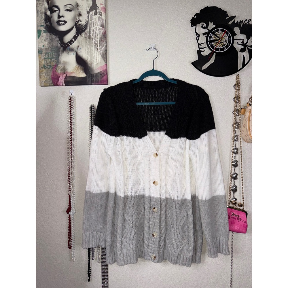 Womens Colorblock Cable Knit Cardigan Sweater Black White Grey Button Front